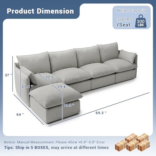 Cloud Modular Sectional Sofa, Waterproof Down Filled Sectional Sofas, High Backrest V Shaped 5 Seater Sectional Couches for Living Room