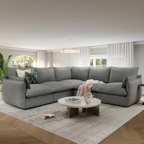 Cloud Modular Sectional Sofa, Waterproof Down Filled Sectional Sofas, High Backrest V Shaped 5 Seater Sectional Couches for Living Room