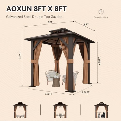 Aoxun 12'x16' Hardtop Gazebo, Aluminum Frame Permanent Pavilion with Netting and Curtains, Outdoor Polycarbonate Double Roof Canopy