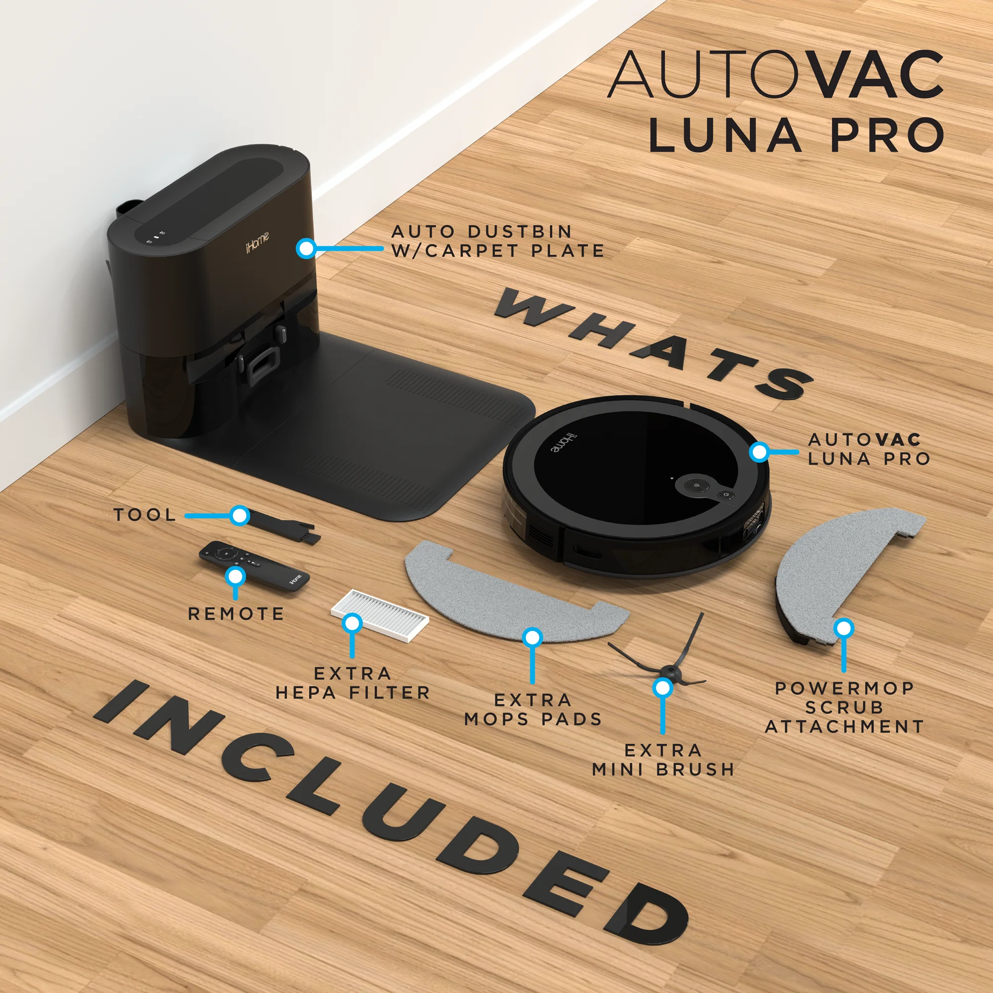 iHome AutoVac Luna Pro New 3-in-1 Robot Vacuum and Vibrating Mop with Auto Empty Base