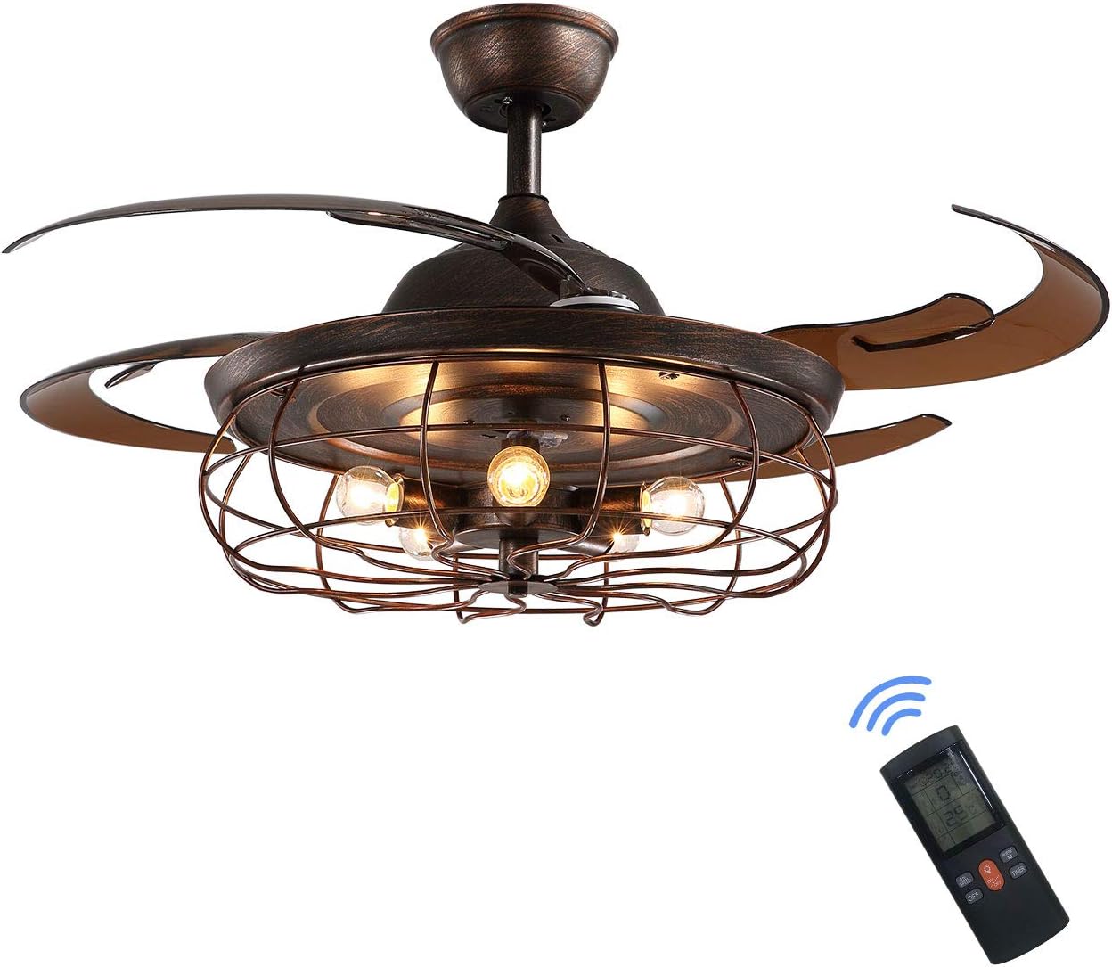 Siljoy 48 Retractable Blades Chandelier Ceiling Fan Industrial Retro Fandelier with Remote