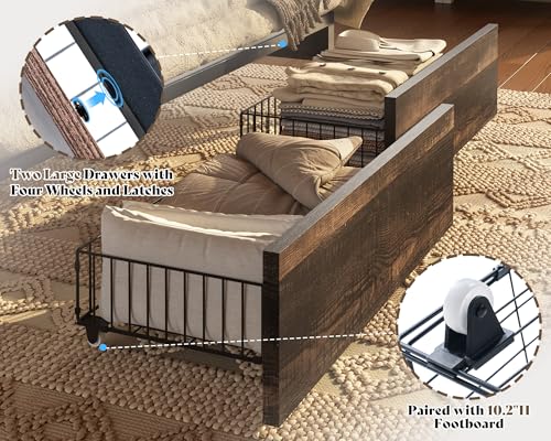 AMERLIFE 47.2" H King Bed Frame with Hidden Space Bookcase Headboard and Charging Station, Beds with 2 Storage Drawers and Wood Slats