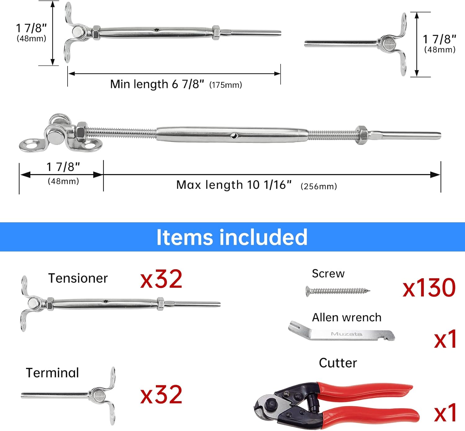 Muzata 32Set Cable Railing Kit 1/8 Swage Toggle Turnbuckle Hardware T316 Stainless Steel for Wood Post WoodEasy System Angle 180��Adjustable Stairs