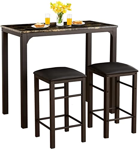 VECELO Kitchen Dining Room Table Set with 2 Chairs for Small Space, Apartment,Metal Steel Frame
