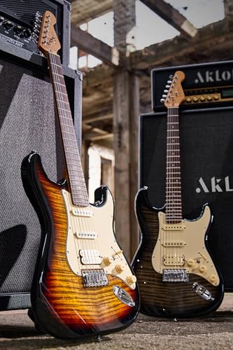 AKLOT Stryde Electric Guitar with Coil-Split: Roasted Maple Neck, Flame Maple Graphic Top, HSS Ceramic Pickups, Beginner Guitar Kit with 10W Amp