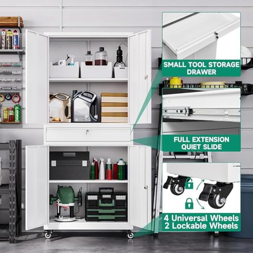 Letaya Metal Garage Storage Cabinet with Drawer,4 Door Tool Cabinet with Lock-2 Adjustable Shelves for Garage Home Office Utility Room (Black)