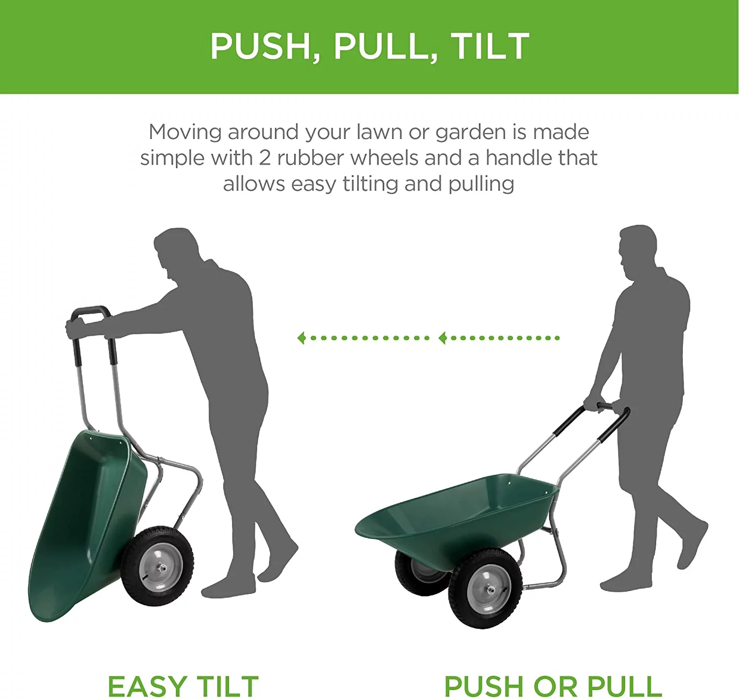 Dual-Wheel Home Utility Yard Wheelbarrow Garden Cart w/ Built-in Stand for Lawn, Gardening, Grass, Soil, Bricks, and Construction, Green