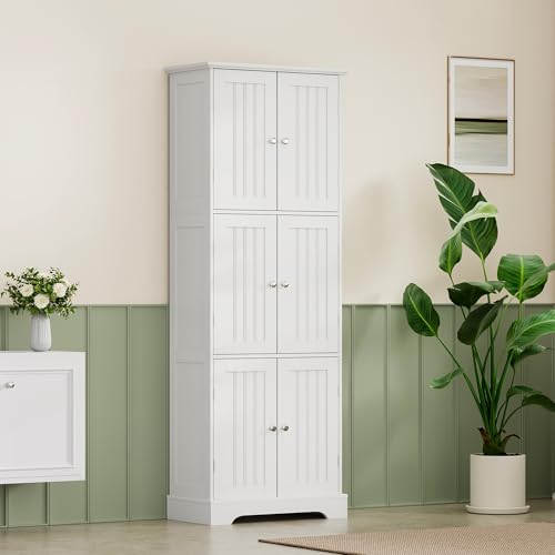 ChooChoo Tall Bathroom Storage Cabinet with 6 Doors, Freestanding Floor Cabinet with Adjustable Shelves, White Pantry Cabinet for Bathroom, Kitchen