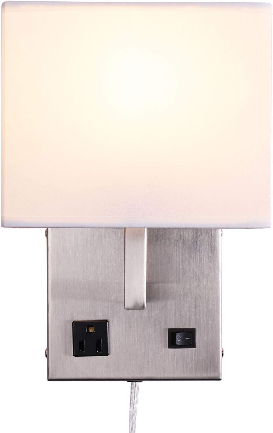 Postmodern Bedside Wall Mount Light with AC Outlet and Switch,Plug in Cord Hardwire,Brush Nickel,White Fabric Shade