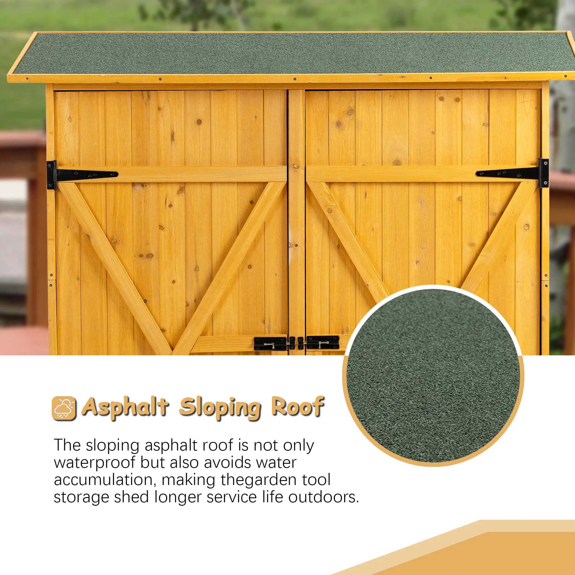 CASEMIOL Patio Storage Shed with Detachable Shelves and Hooks, Outdoor Wood Shed with Waterproof Pitch Roof, Backyard Shed with Lockable Door