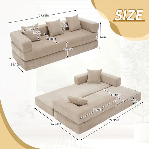 Convertible Sleeper Sofa Bed with Cylindrical Pillow, Corduroy Folding Mattress Couch with Fixed-Shape Frame