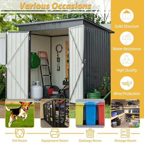 6x4 ft Small Outdoor Metal Storage Shed with Floor Frame & Lockable Door, Heightened Entry Garden Tool Shed for Backyard, Durable Galvanized Steel