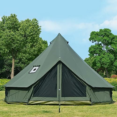 Cotton Canvas Bell Tent with Stove Jack, Roomy Yurt for Family Glamping Camping, 4 Season Tent with Zipped Removable Floor