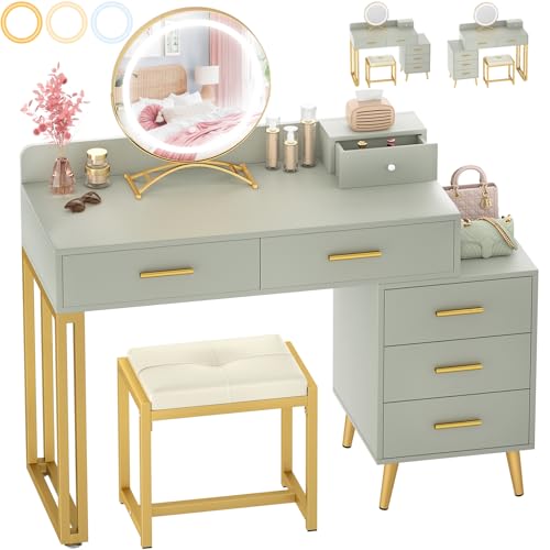 White Vanity Desk with Mirror and Lights, Modern Makeup Vanity Table Set with 6 Storage Drawers and Cushioned Stool for Bedroom