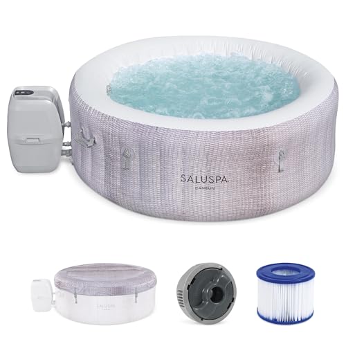 Bestway SaluSpa Cancun AirJet 2 to 4 Person Inflatable Hot Tub, 71 x 26 Inch Round Portable Outdoor Spa with 120 Soothing Jets and Cover, Gray