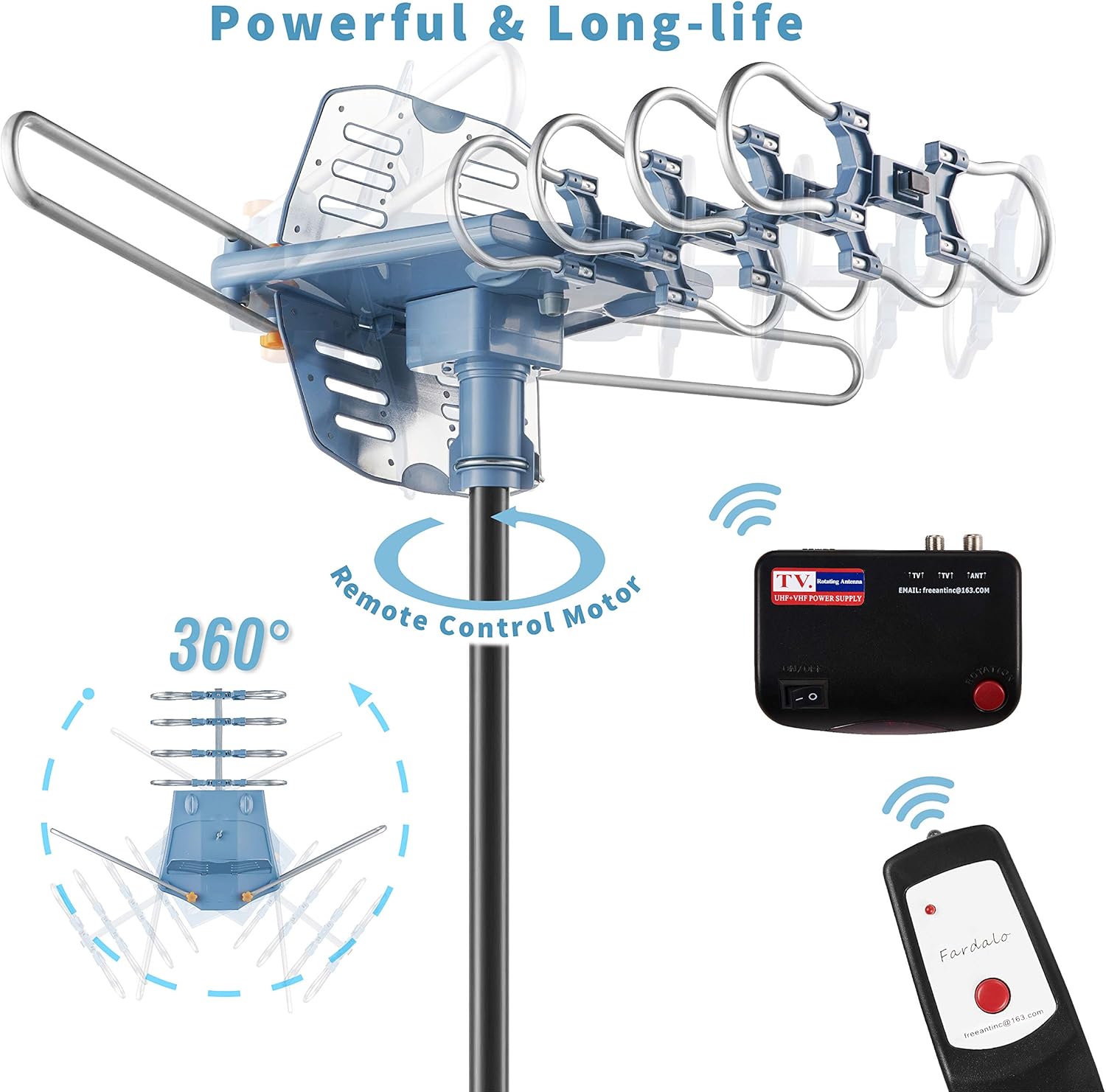 Updated!150 Miles-Amplified Outdoor TV Antenna-4K/1080p High Reception+60FT RG6 Cable-360°Strong Motor Rotation Wireless Remote- Snap On