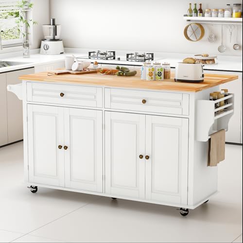 67’’ Movable Kitchen Island with Drop Leaf and Power Outlet, Lockable Sliding Countertop Rolling Island Cart with 2 Large Drawers, Spice, Towel Rack
