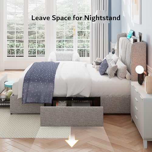 iPormis Queen Bed Frame with 4 Storage Drawers, Upholstered Platform Bed Frame with Charging Station, Modern Wingback Storage Headboard