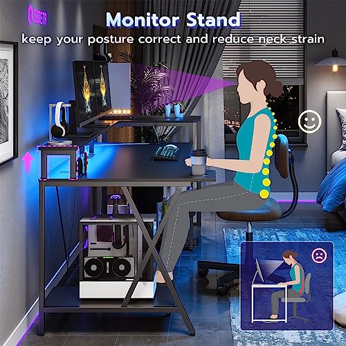 SEDETA Gaming Desk 70.8'' with LED Lights and Storage Shelves, Computer Desk with Monitor Stand, Power Outlets and Cup Holder, Large PC Gamer Desk