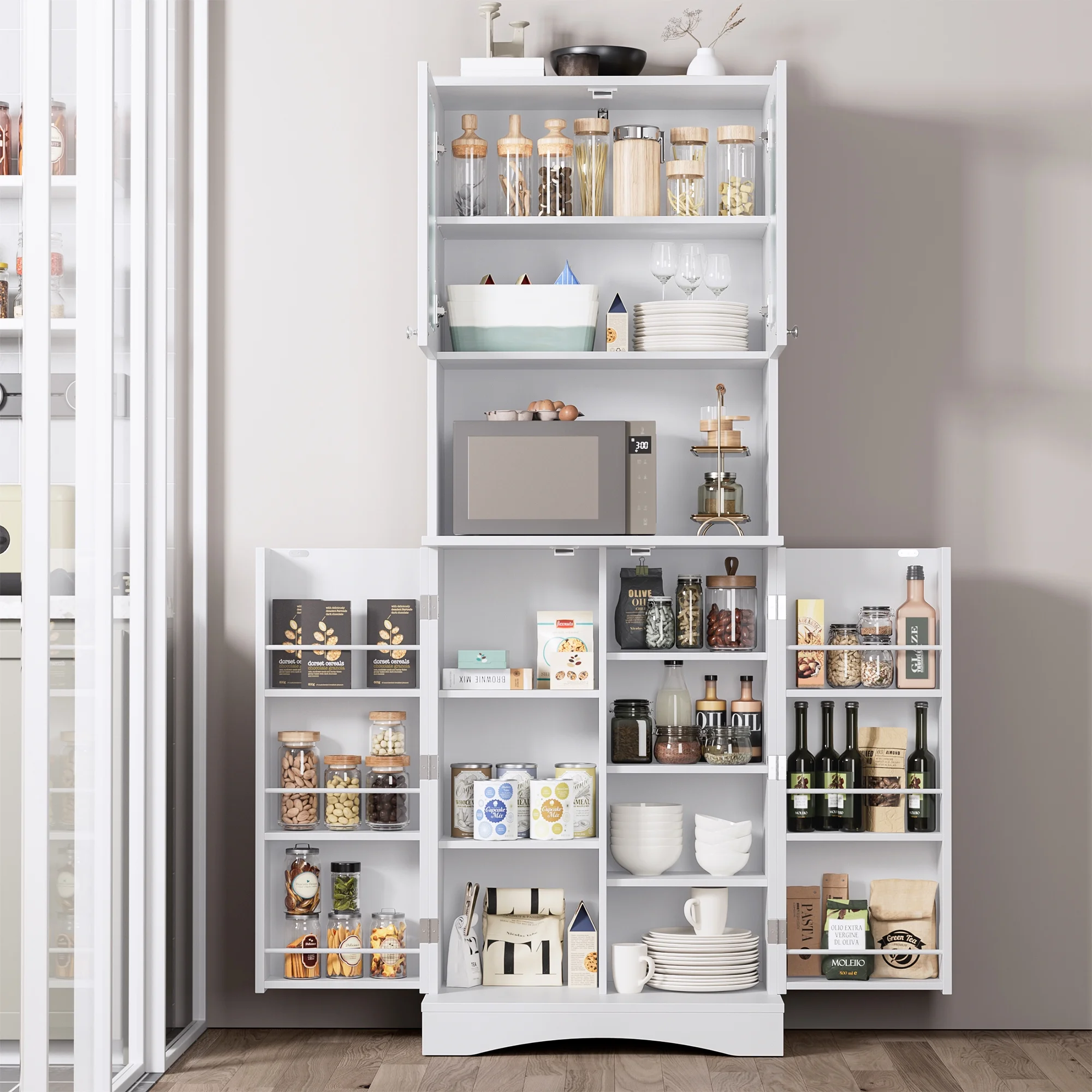 Homfa 63'' Food Pantry Cabinet, 4 Doors Kitchen Storage Cabinet with Adjustable Shelves, Microwave Cabinet for Dining Room, White