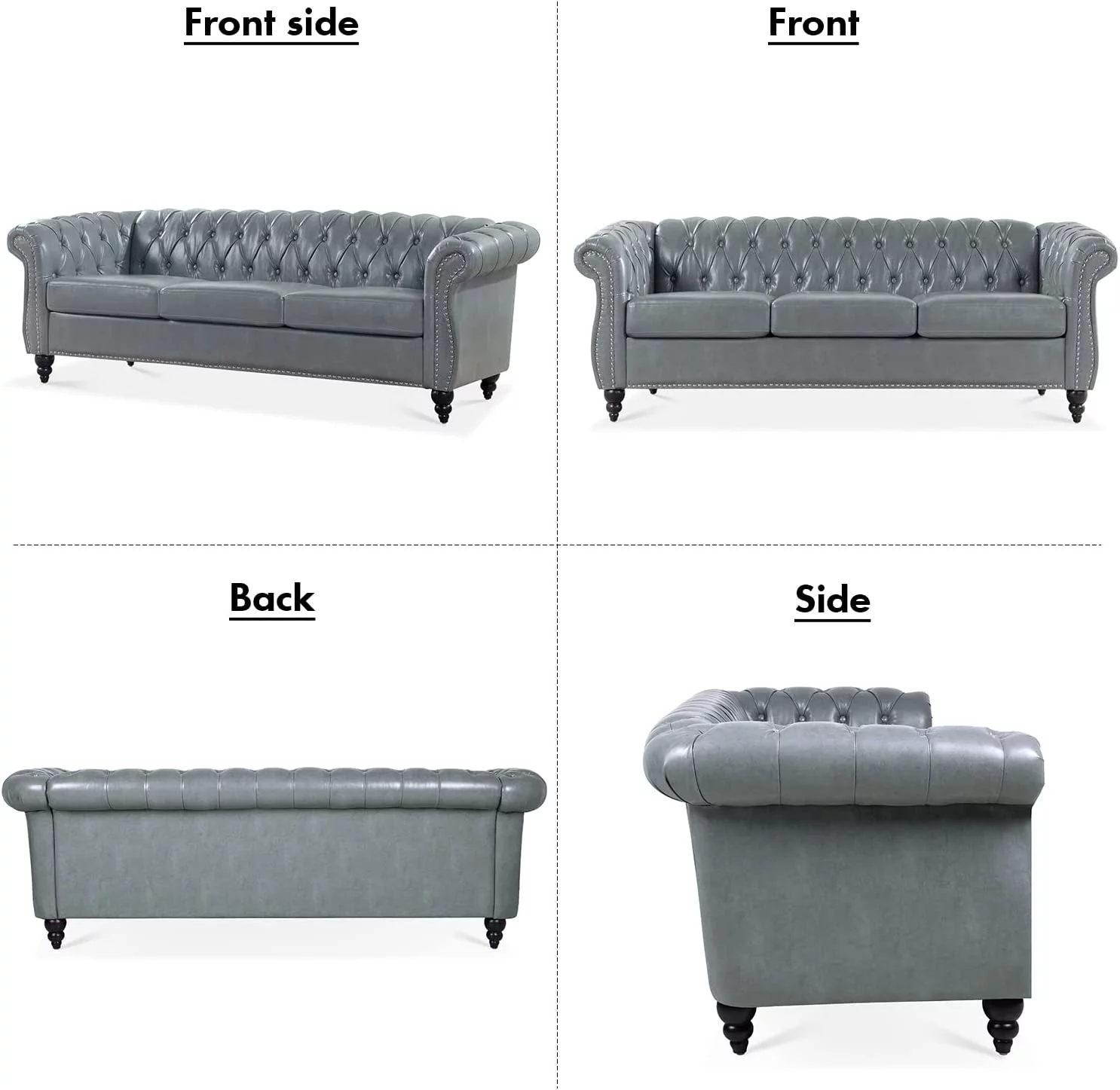 84" Leather Chesterfield Sofas for Living Room, Rolled Arm 3-Seater Large Couch Deep Button Nailhead Tufted Upholstered Couches for Bedroom