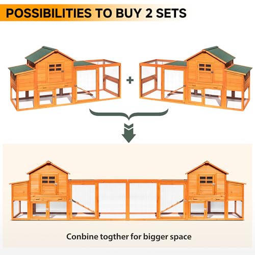 GARWOOD Large Wooden Chicken Coop Outdoor Big Hen House Poultry Pet Duck Hutch with Run Cage Nesting Box Waterproof Asphalt Roof Ramp Removable Tray