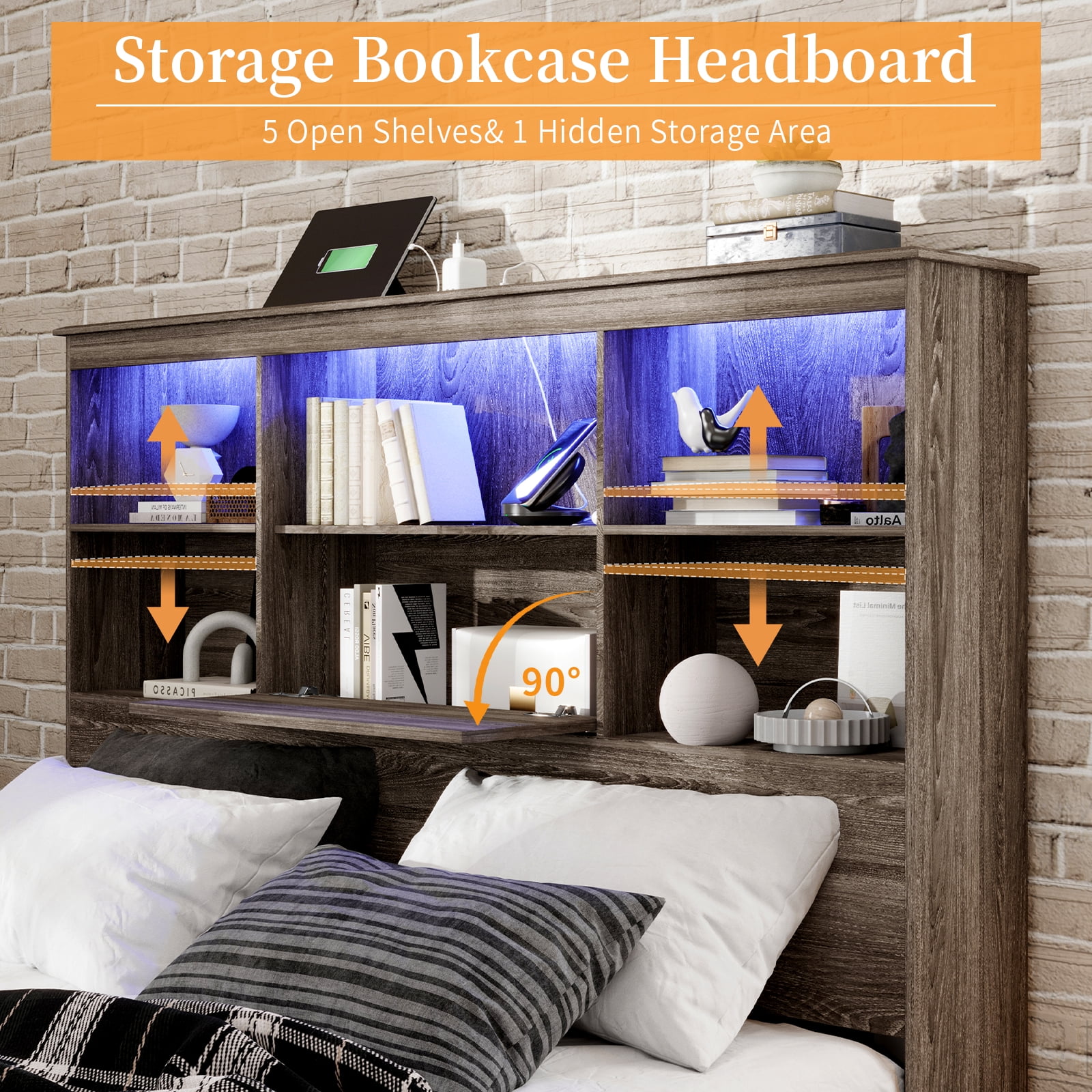 LUXOAK Queen Size Bed Frame with LED Bookcase Headboard, Wooden Storage Bed with Charging Station & 4 Drawers