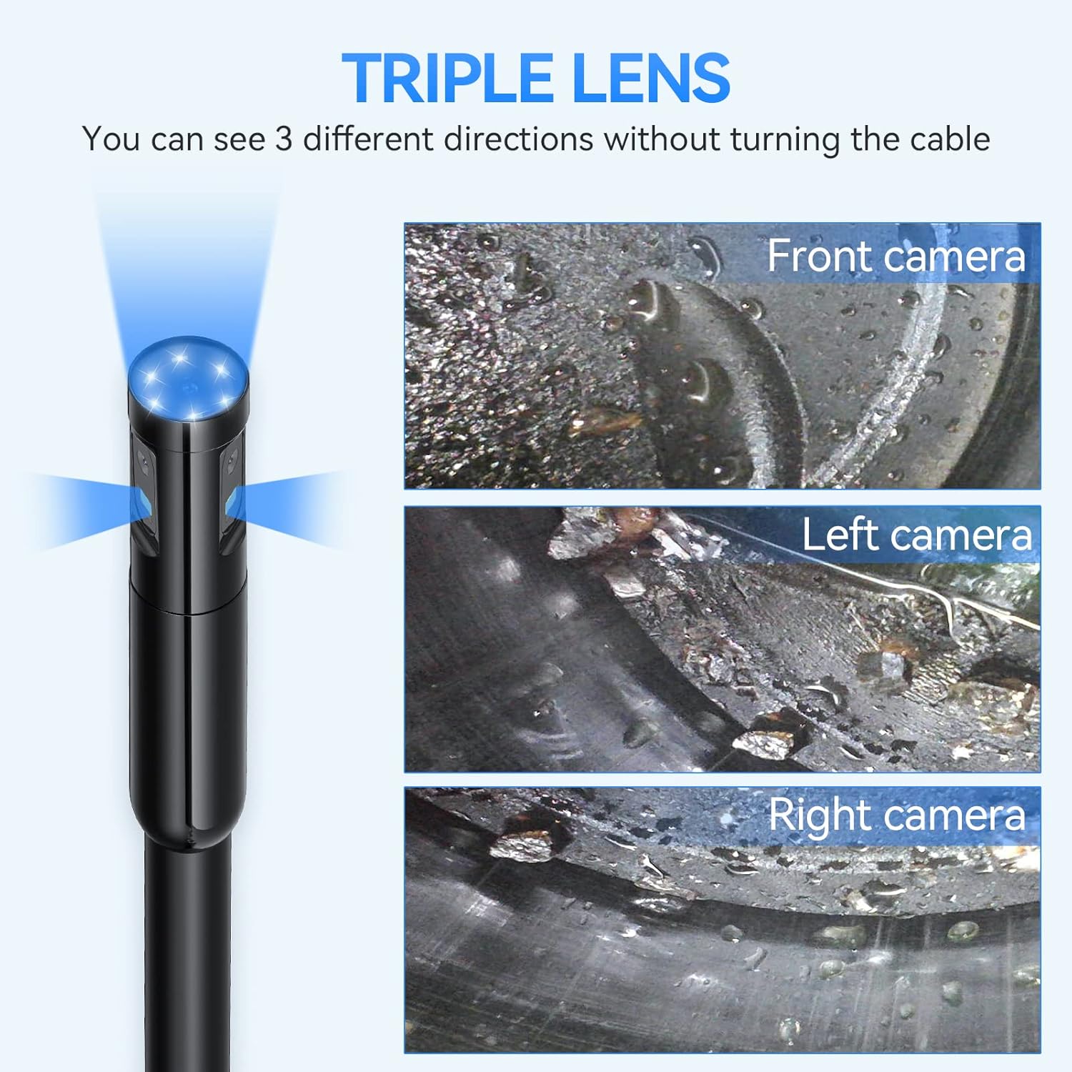 Triple Lens Endoscope, Teslong Borescope Inspection Camera with 5'' Screen, Waterproof Home Snake Scope Camera