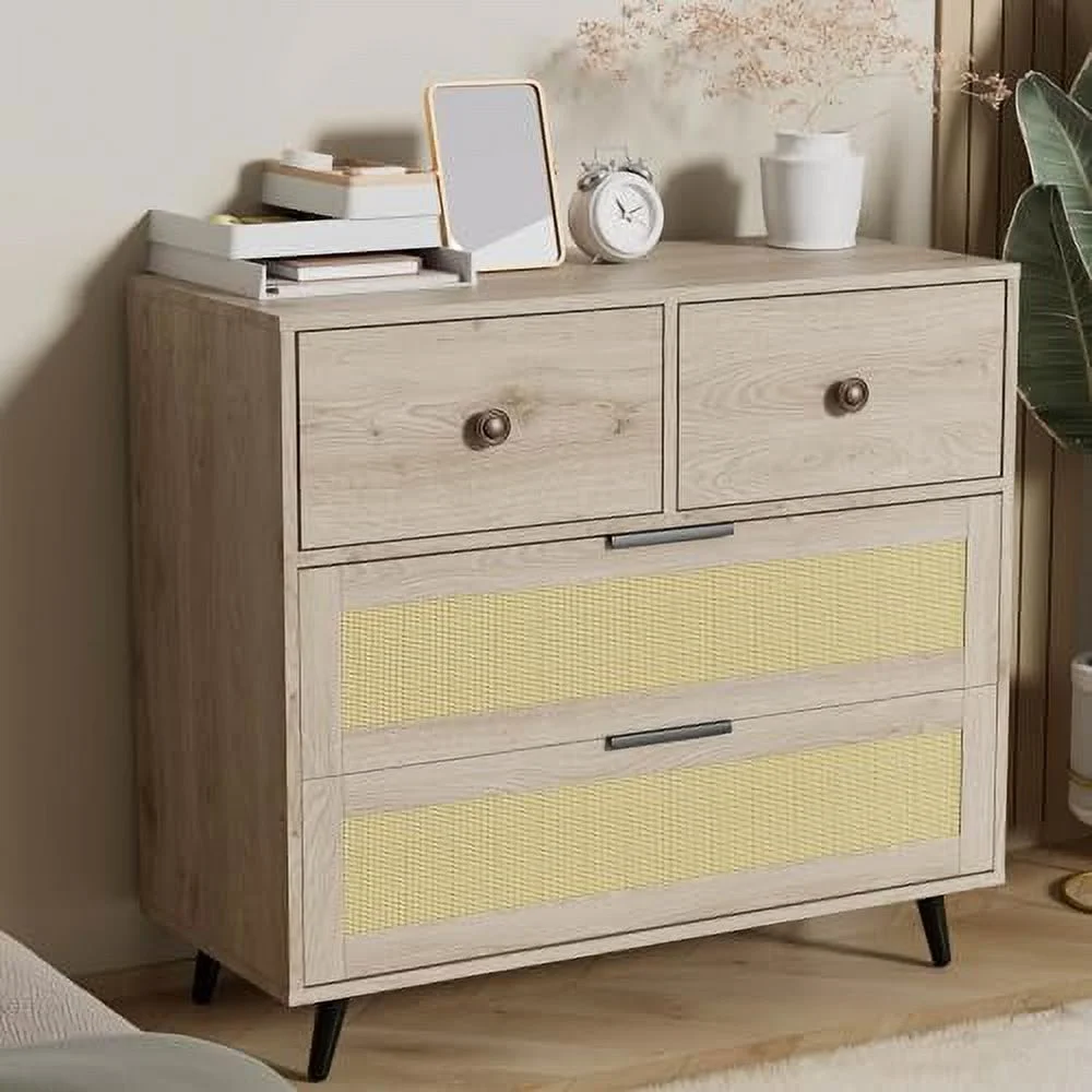 JYHOME Small 3 Drawer Dresser  Mid-Century Modern Rattan Dresser Chest with Metal Handles  Wood  Cabinet of Drawers for Bedroom  Living Room  Hallway