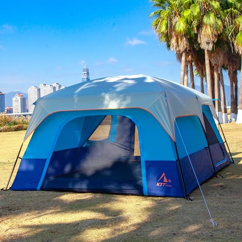 KTT Extra Large Tent 10-12-14 Person(B),Family Cabin Tents,2 Rooms,3 Doors and 3 Windows with Mesh,Straight Wall,Waterproof,Double Layer