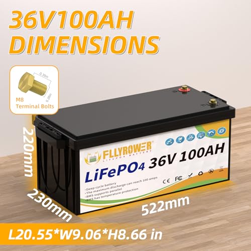 FLLYROWER 12V Lithium Battery 100AH With BMS and 16500 Deep Cycles 12V 100AH Lifepo4 Battery Grade A Cells for Marine Trolling Motor RV camping Solar