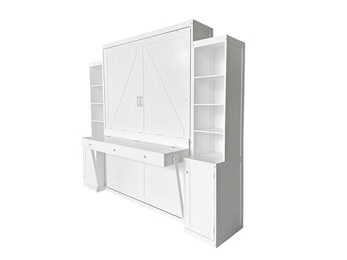 Queen Size Murphy Bed with Desk & Charging Station,Wall Bed Frame Folding into Cabinet Design w/LED & Storage Shelf for Small Space,Bedroom