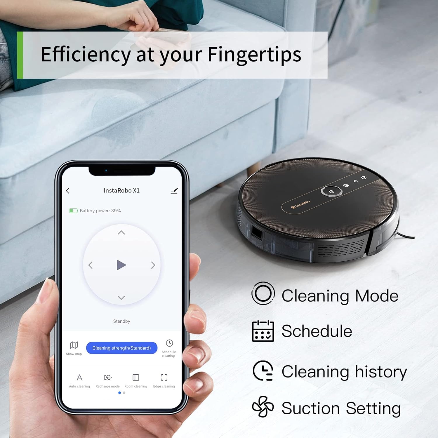 Robot Vacuum and Mop, Robot Vacuum for Pet Hair, Hard Floor and Carpet, Works with Alexa, InstaRobo X1 Robot Vcuum Cleaner, Voice/App Control, 2000Pa