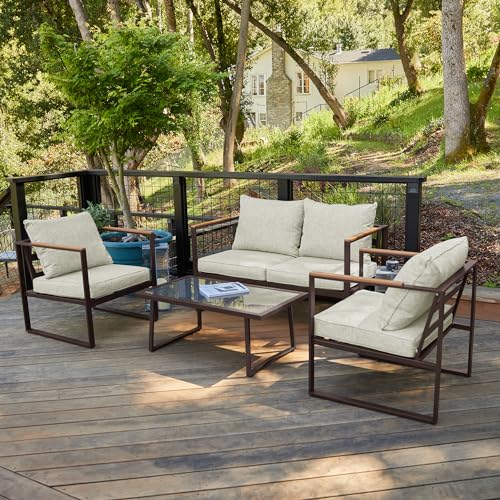 EAST OAK Courtyard Patio Furniture Set, 4-Piece Outdoor Patio Set with Sofa, Removable & Washable Deep Seating Cushion, Tempered Glass Table