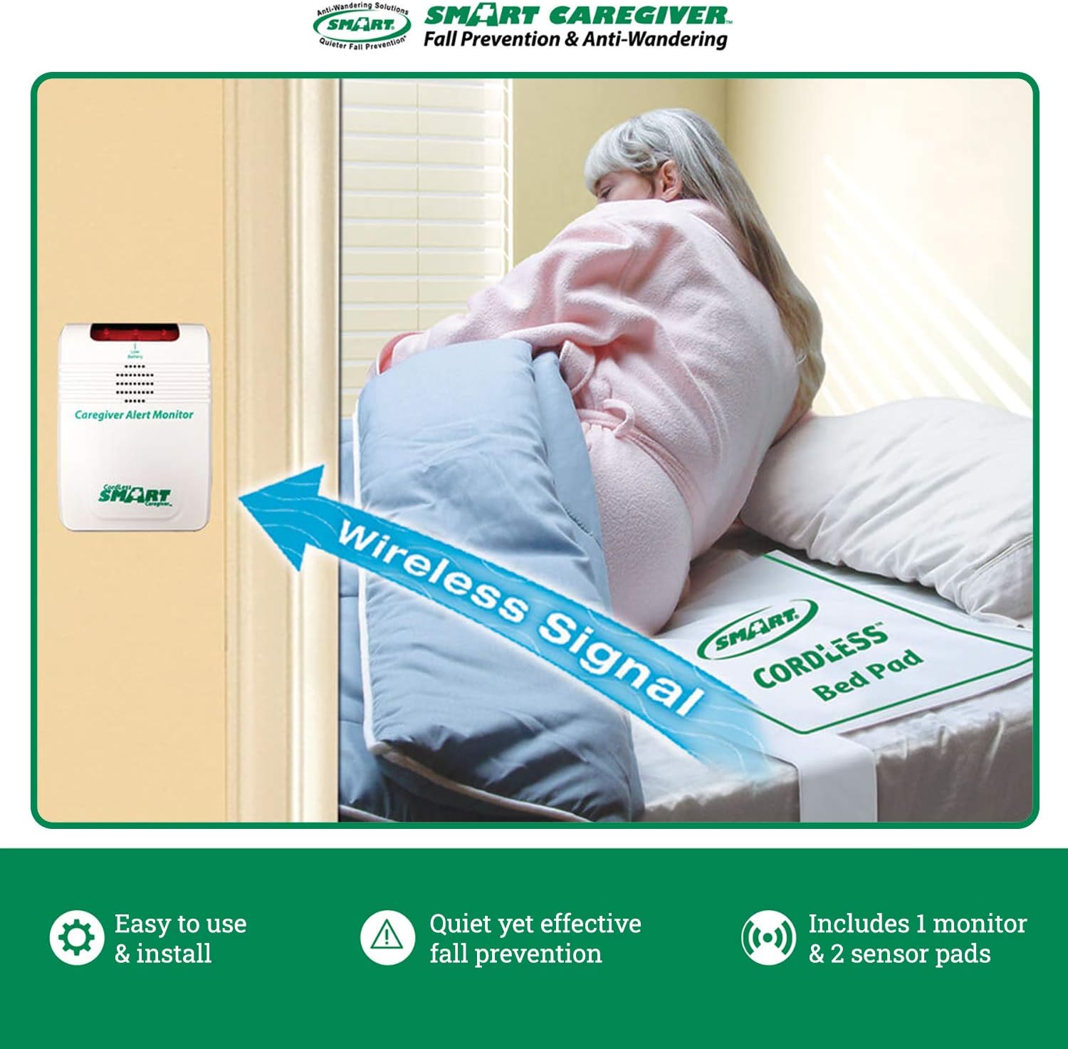 Smart Caregiver Wireless Alarm with Bed Sensor Pad and Chair Sensor Pad- No Alarm in Resident’s Room!
