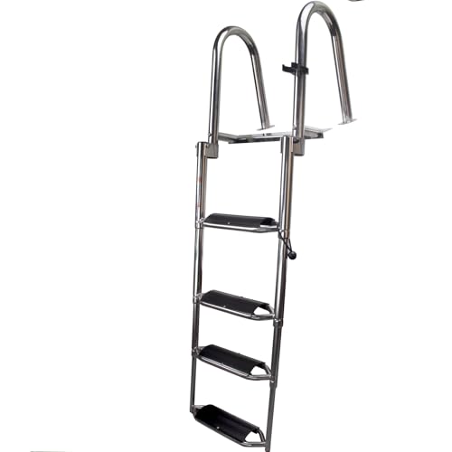 4-Step Heavy-Duty Stainless Steel Pontoon Boat Ladder with Extra Wide Steps & Handrails | Telescoping Folding Rear Entry Ladder, 600lbs Capacity