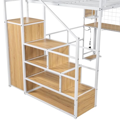 Modern Full Size Gaming Loft Bed with Built-in Desk and Storage Wardrobe, Wood Loft Bed Frame with Light Strip and 2 Drawers