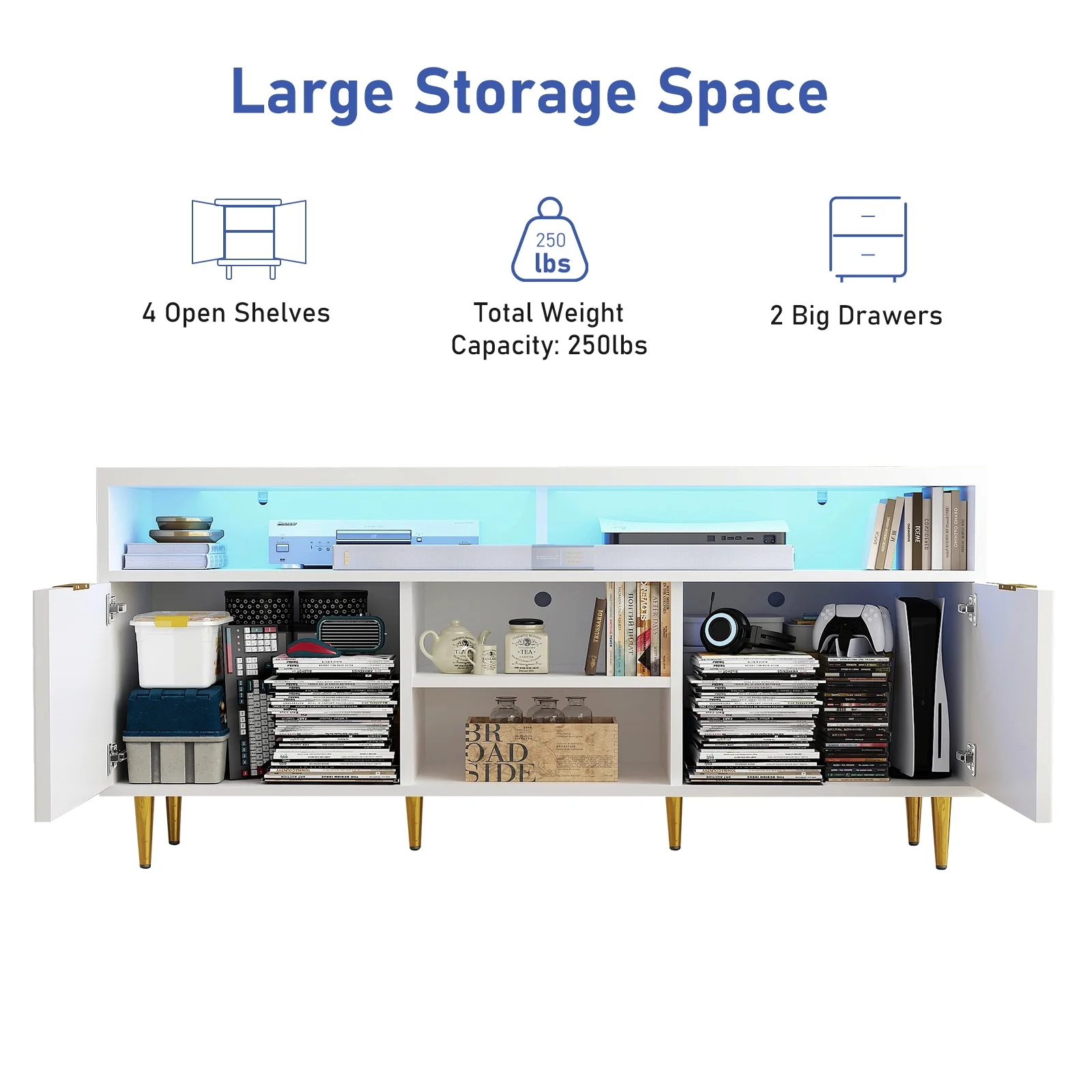 ChVans LED TV Stand for 55 60 65 inch TV, Wood Media Console, Entertainment Cabinet with Doors and Cubby Storage
