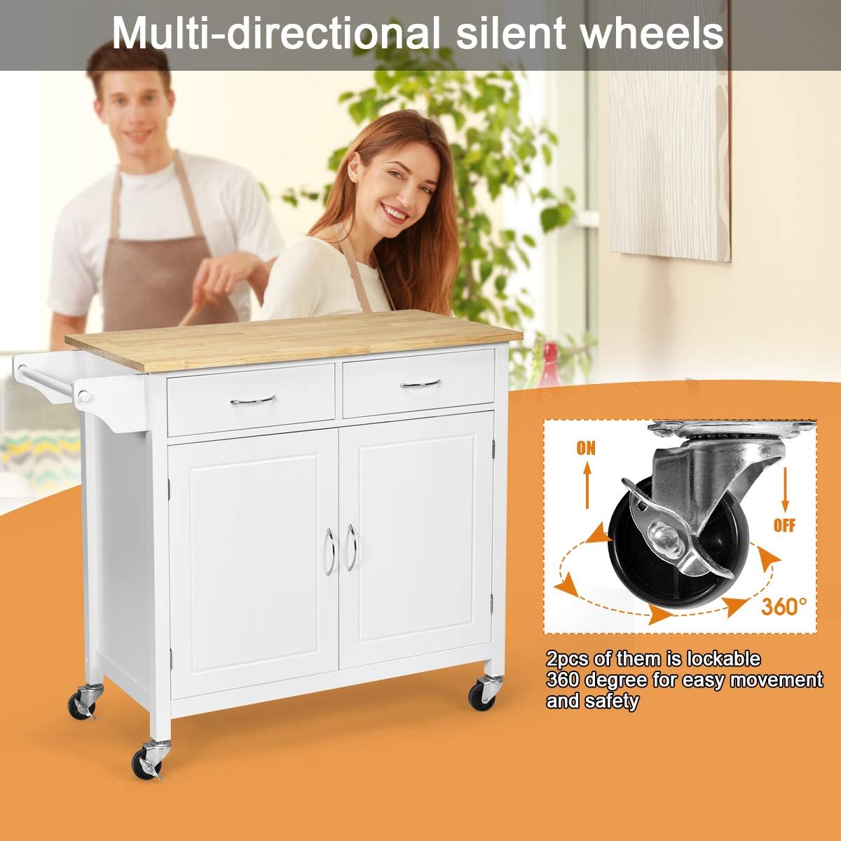 WATERJOY Rolling Kitchen Buffet Cart, Wood Utility Kitchen Storage Island Cart with Wood Top, Antique White(43 x 19.5 x 35.5)