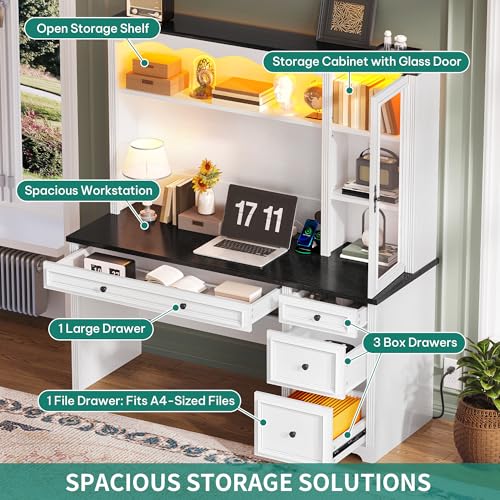 YITAHOME Executive Desk with Hutch and Drawers, Farmhouse Wood Computer Desk with Power Outlet & LED Lights, Home Office Desks with Storage Shelves
