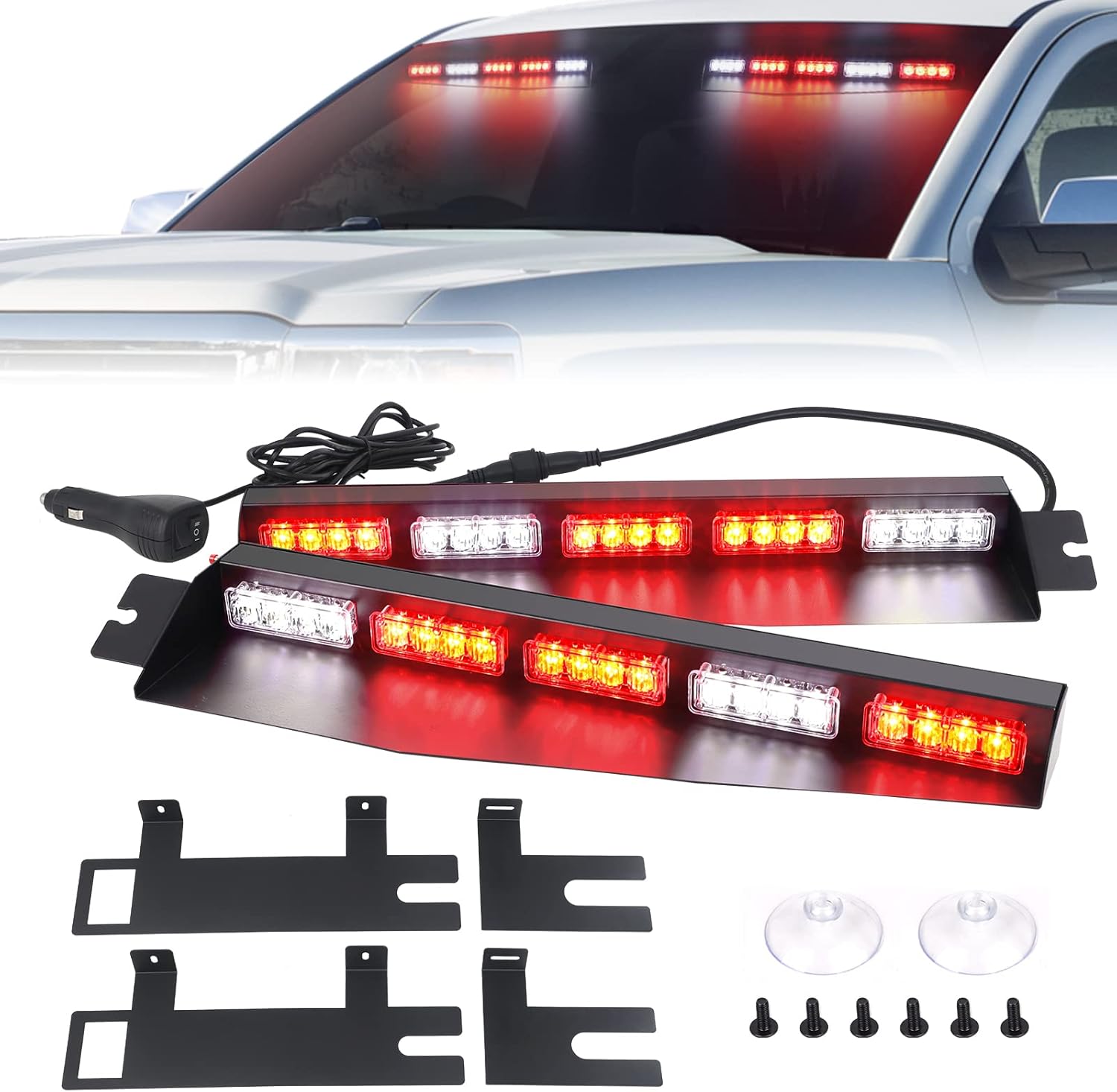 Emergency Visor Lights Green/White Strobe Lights Bar Warning Flashing Safety Interior Windshield for Construction Vehicles Trucks w/ Take Down