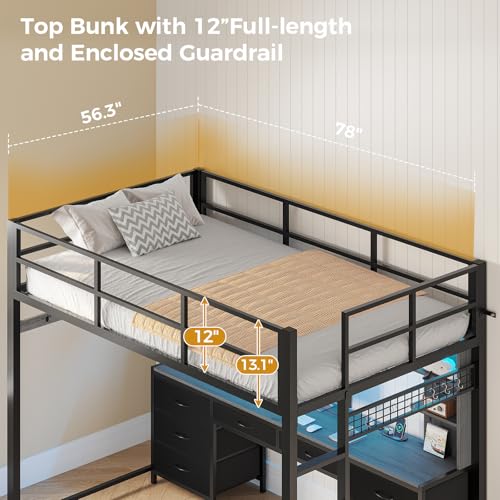 ADORNEVE Full Size Loft Bed with Desk and 8 Storage Drawers, Metal Loft Beds Full with LED Lights & Charging Sation