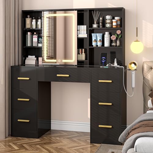 47'' Large Vanity Desk with Mirror and Lights, 7 Drawers, 8 Storage Shelves Vanity Table, Big Makeup Vanity Desk with 3 LED Lighting Modes