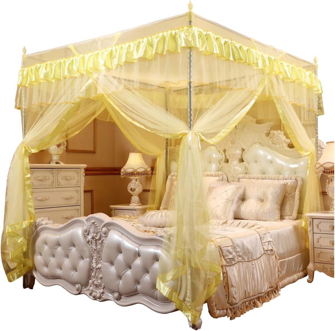 Mengersi Black Canopy Bed Curtains Queen Size, Royal Luxurious Cozy Drapes Netting- Elegant Bed Sheer Bedroom Decoration Accessories for Adults
