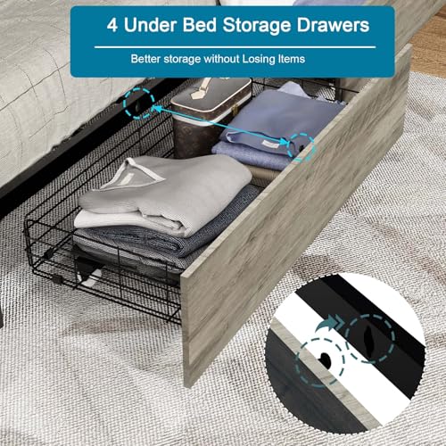 Full Size Bed Frame with Headboard, LED Platform Bed with 4 Storage Drawers, Built in Charging Station, Noise-Free, Metal Support Base