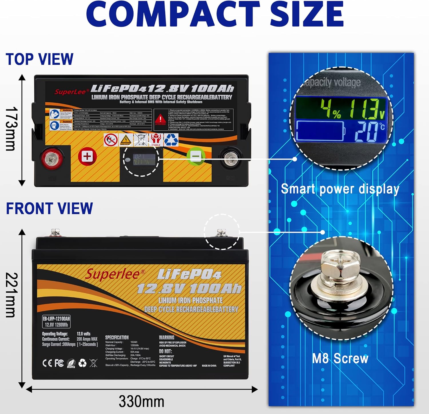 12.8V 100AH LiFePO4 Battery with LCD Display, 5000+ Cycle Lithium Iron Phosphate RV Battery with BMS, Multi-Purposes Lithium Battery