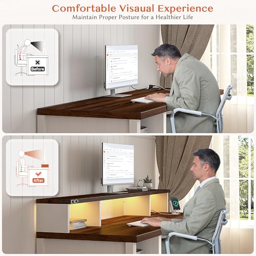 EnHomee Farmhouse Office Desk with Drawer & Power Outlets, Wood Computer Desk Monitor Stand for Bedchamber Study