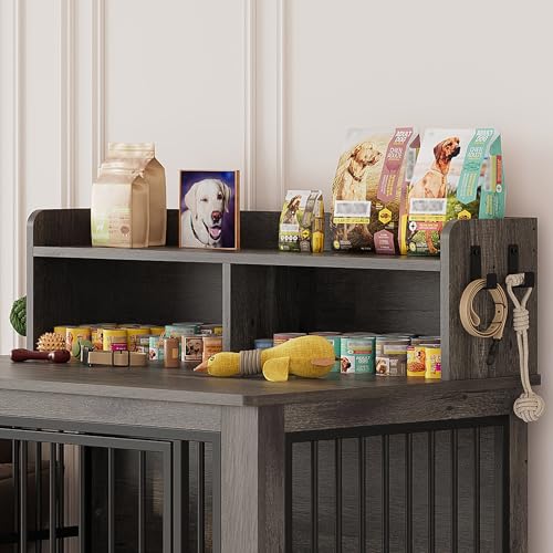 IRONCK Extra Large Dog Crate Furniture, 43.3 inches Wooden Dog Crate with Storage and 4 Hooks, Heavy Duty Pet Crate for Large Dog