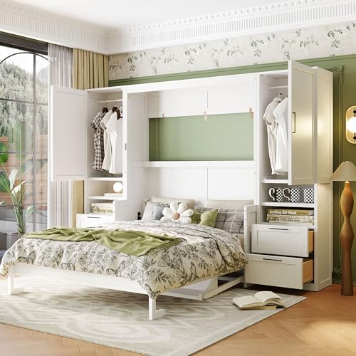 Queen Size Murphy Bed Wall Bed with Desk and Closet,Drawers and Shelves,for Small Spaces Studio Study Office Guest Room Use (Gray#Desk, Queen)