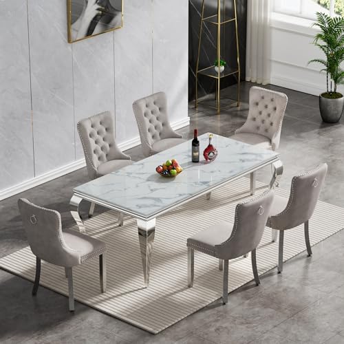 White Marble Dining Table Set for 6, Modern Kitchen Dining Room Table Set for 6